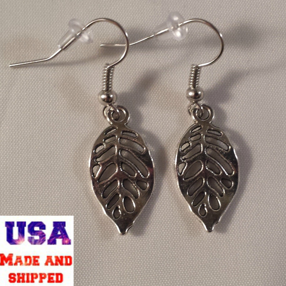 Silver Leaf Dangle Earrings Hypoallergenic Hooks! - Picture 2 of 2